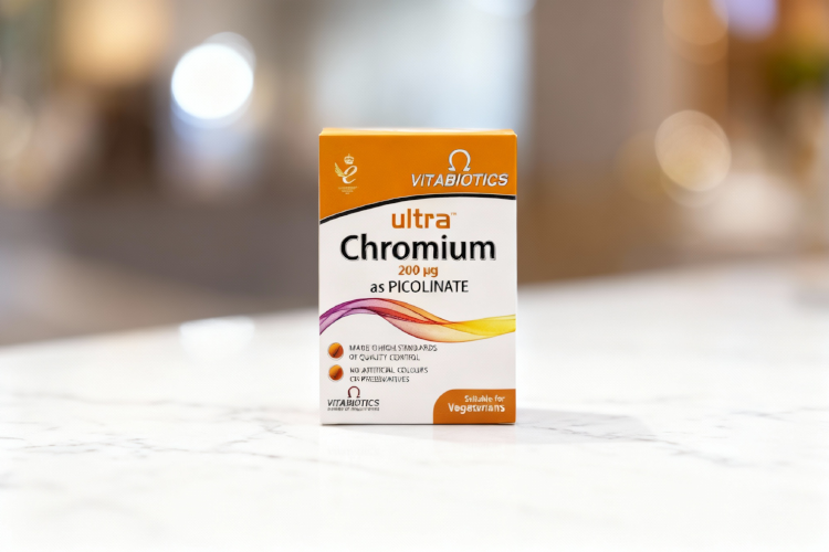 بسته بندی قرص اولترا کروم ویتابیوتیکس روی سطح سفید